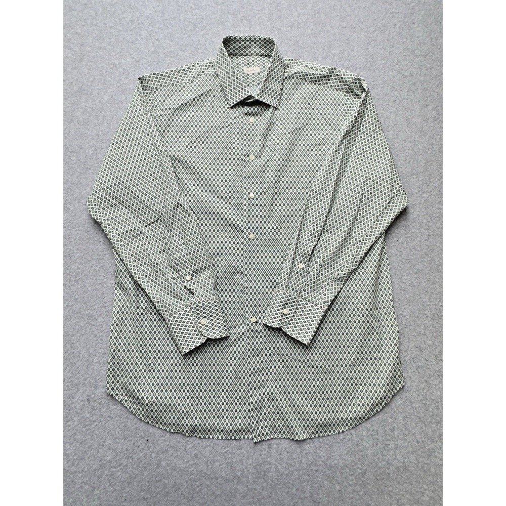 Zanella Dress Shirt Mens 17 Green Geometric Stretch Cotton Print Long Sleeve